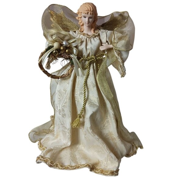 Traditions Vtg Graceful Angel Tree Top With Porcelain Head & Hands Gold Wings - Picture 1 of 11
